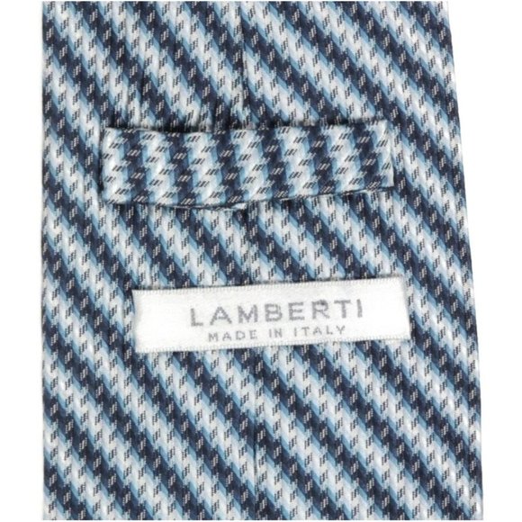 LAMBERTI Optical Diagonal Striped Blue Black White Jacquard Men's Silk Neck Tie - Picture 3 of 3